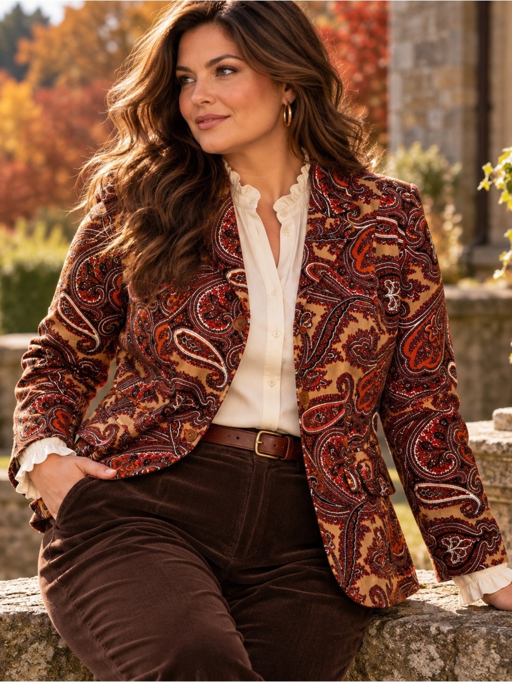 Talbots 16W Paisley Velvet Blazer Brown Rust Stretch Cotton Dark Academia Preppy